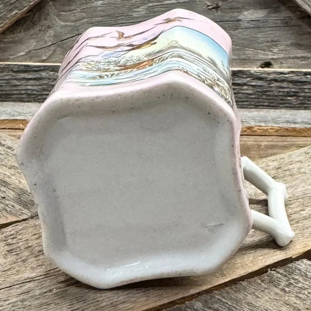19th Century Victorian Pink Bone China Wishbone Handled Cup w/ Winter Landscape